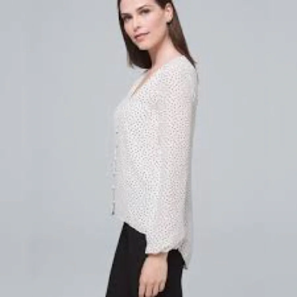White House Black Market White Blouse with Black Dots. Size 2 - Picture 2 of 7